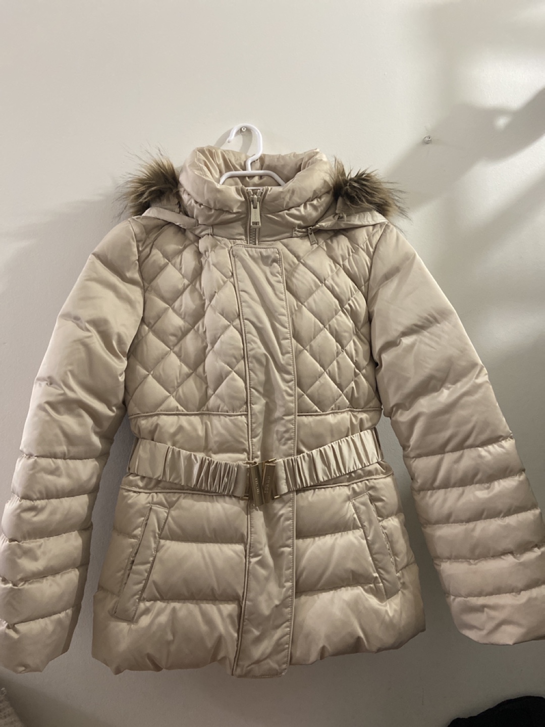 GUESS Women's Beige Puffer Jacket with Faux Fur Hood