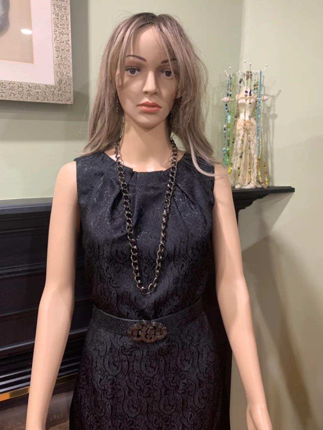 Elegant Black Brocade Dress with Belt image indicator(2)