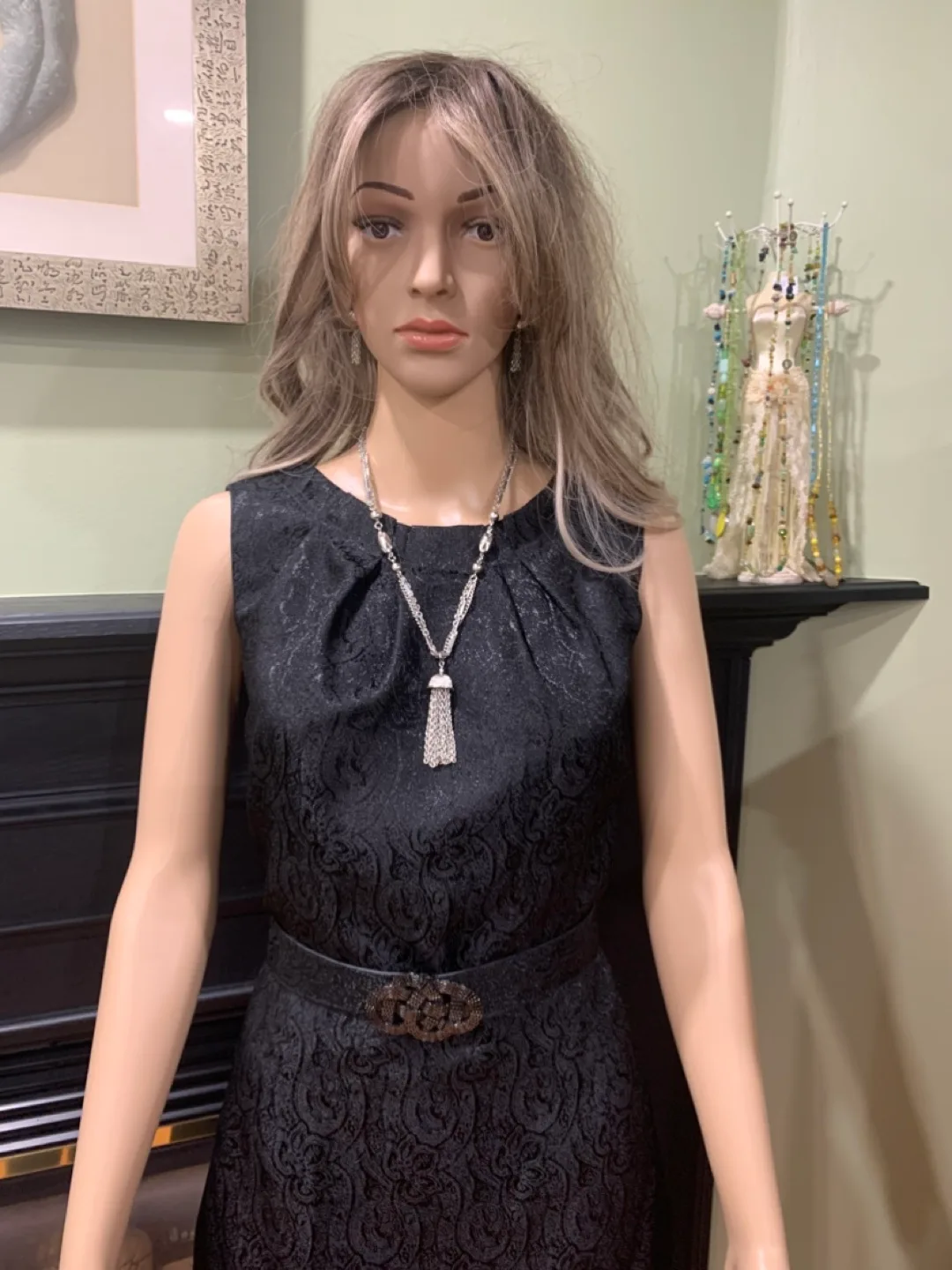 Elegant Black Brocade Dress with Belt image indicator(4)