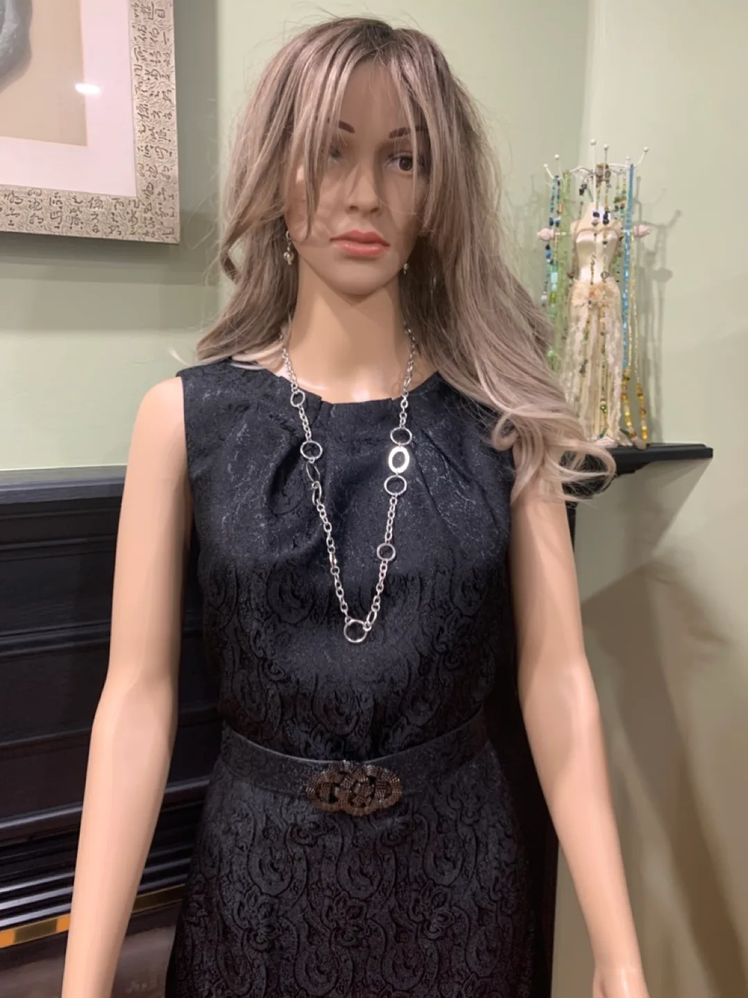 Elegant Black Brocade Dress with Belt image indicator(3)