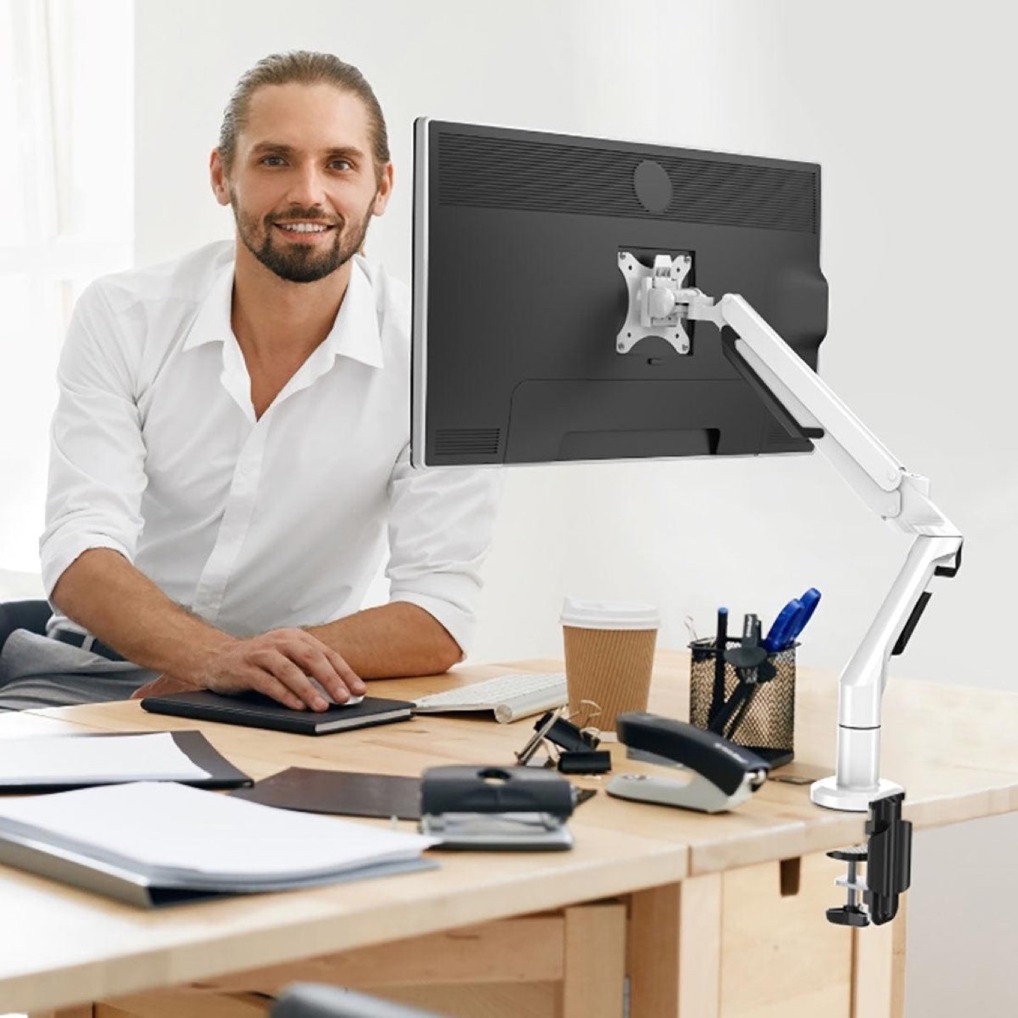 White Monitor Desk Mount Arm - Aircraft Steel heavy duty - photo 3