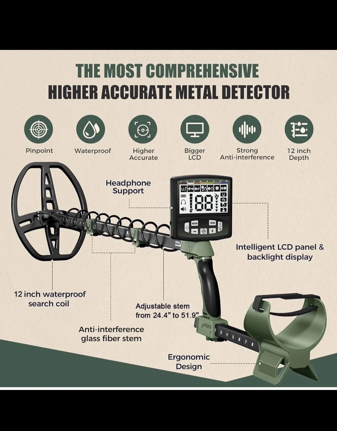 Metal Detector Adults ,Teens-12”IP68 Waterproof search coil image indicator(3)