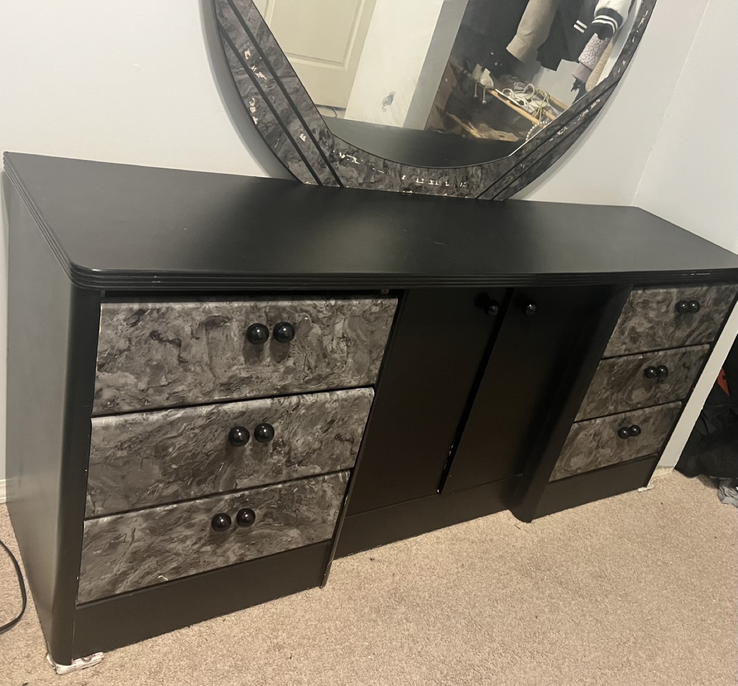 Black and Grey Vanity Dresser with Matching Mirror