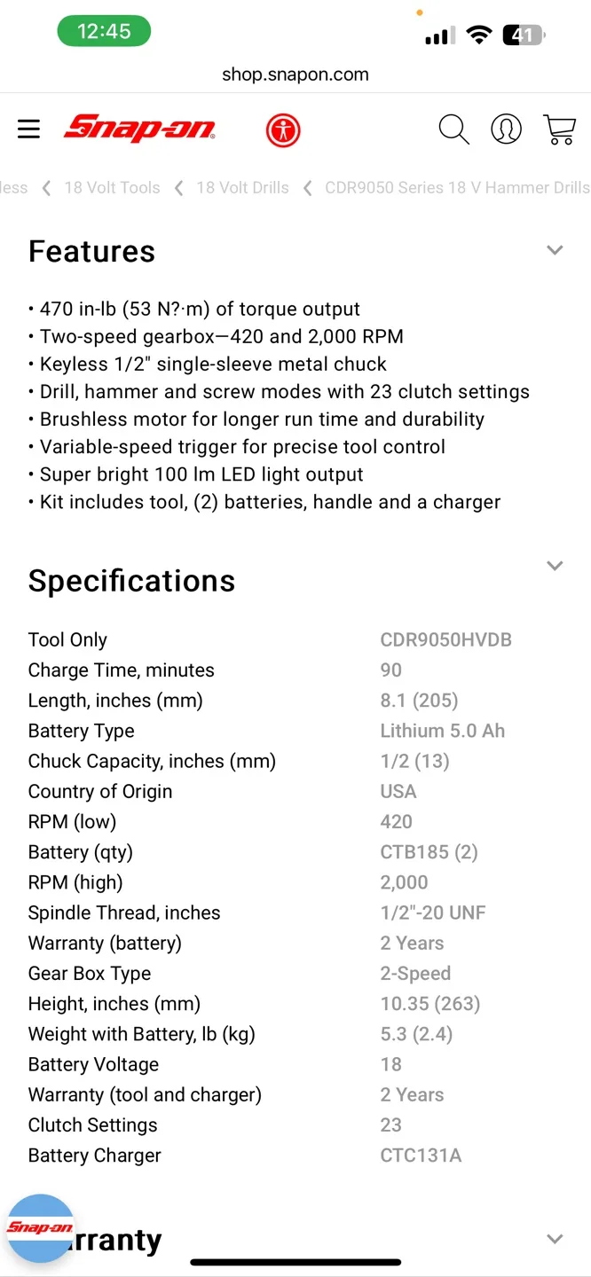 Snap-on CDR9050 18V 1/2” Hi-Viz Cordless Hammer Drill Kit. image indicator(3)