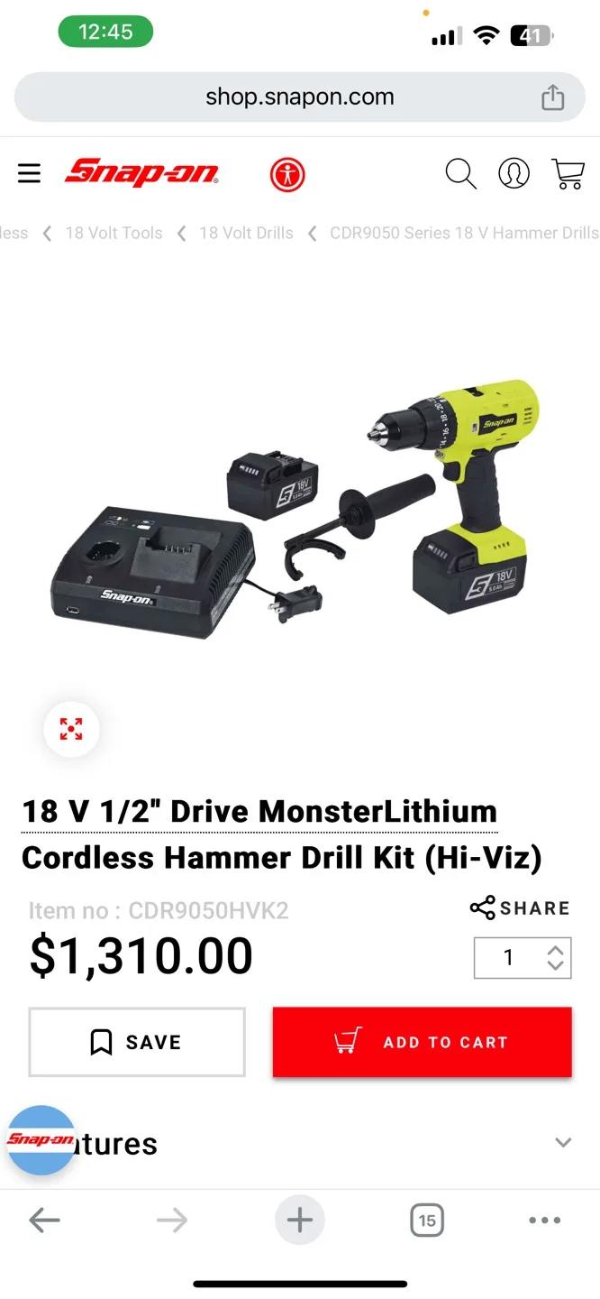Snap-on CDR9050 18V 1/2” Hi-Viz Cordless Hammer Drill Kit. image indicator(2)
