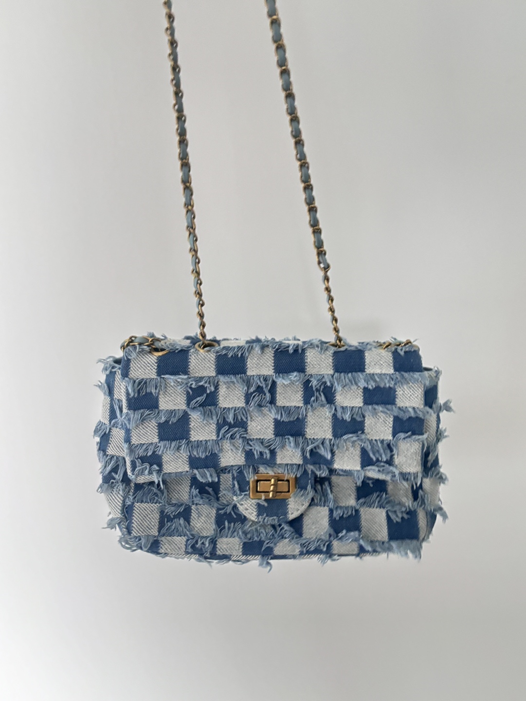 Blue Checkered Denim Flap Bag with Chain Strap