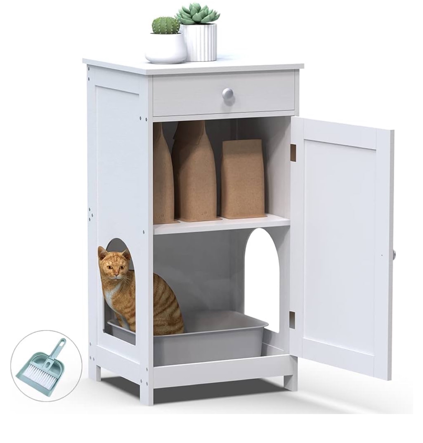 White Wooden Cat Litter Box Enclosure Cabinet