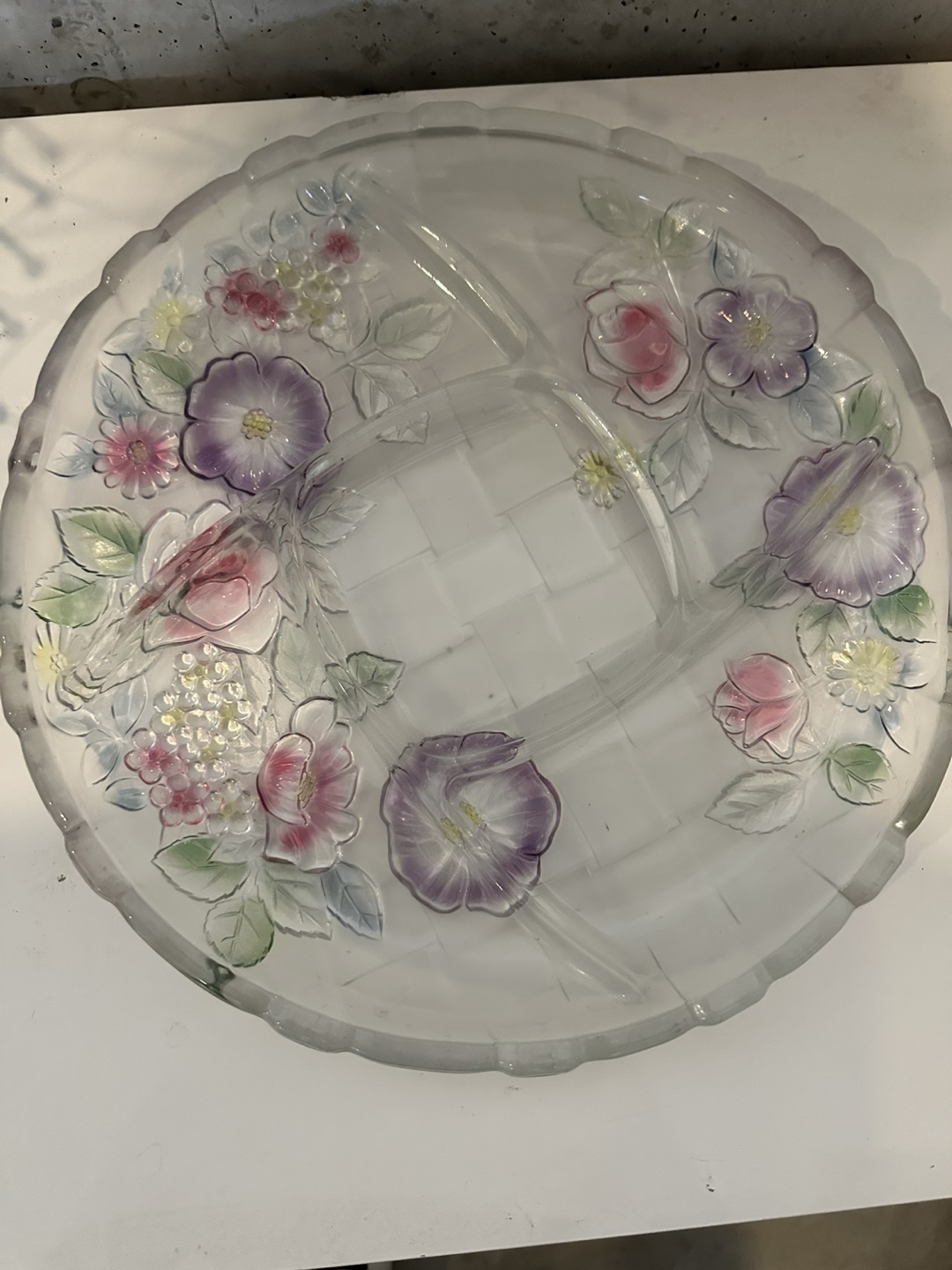Vintage Floral Divided Glass Serving Platter