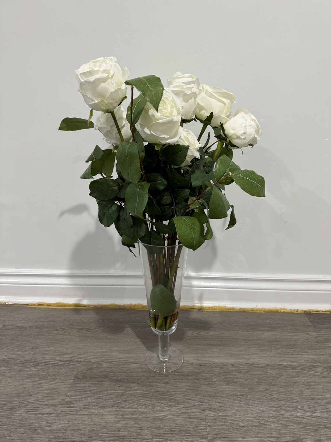 Artificial White Roses in Glass Vase
