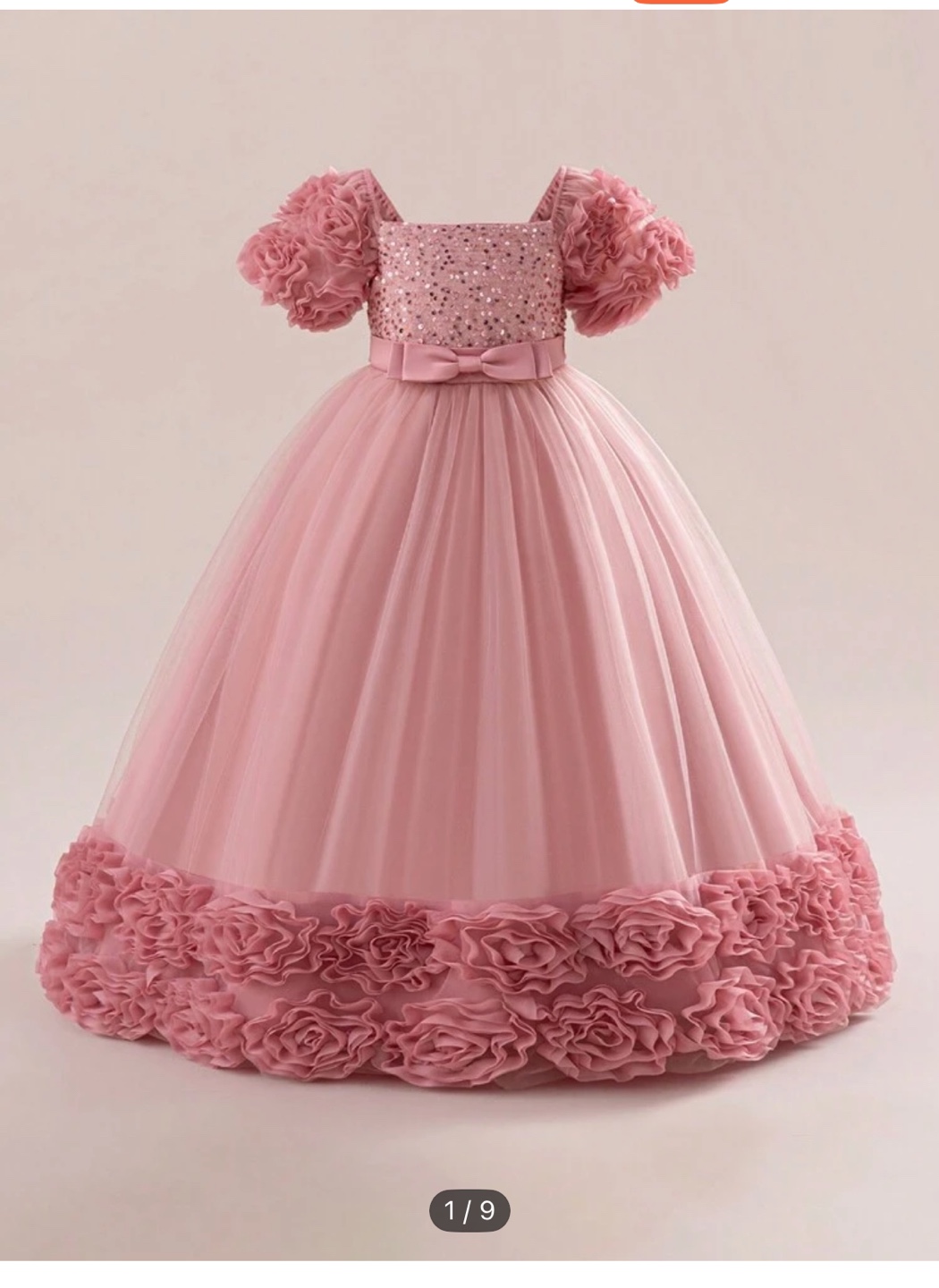 Girls' Pink Flower Girl Dress with Petticoat and Gloves