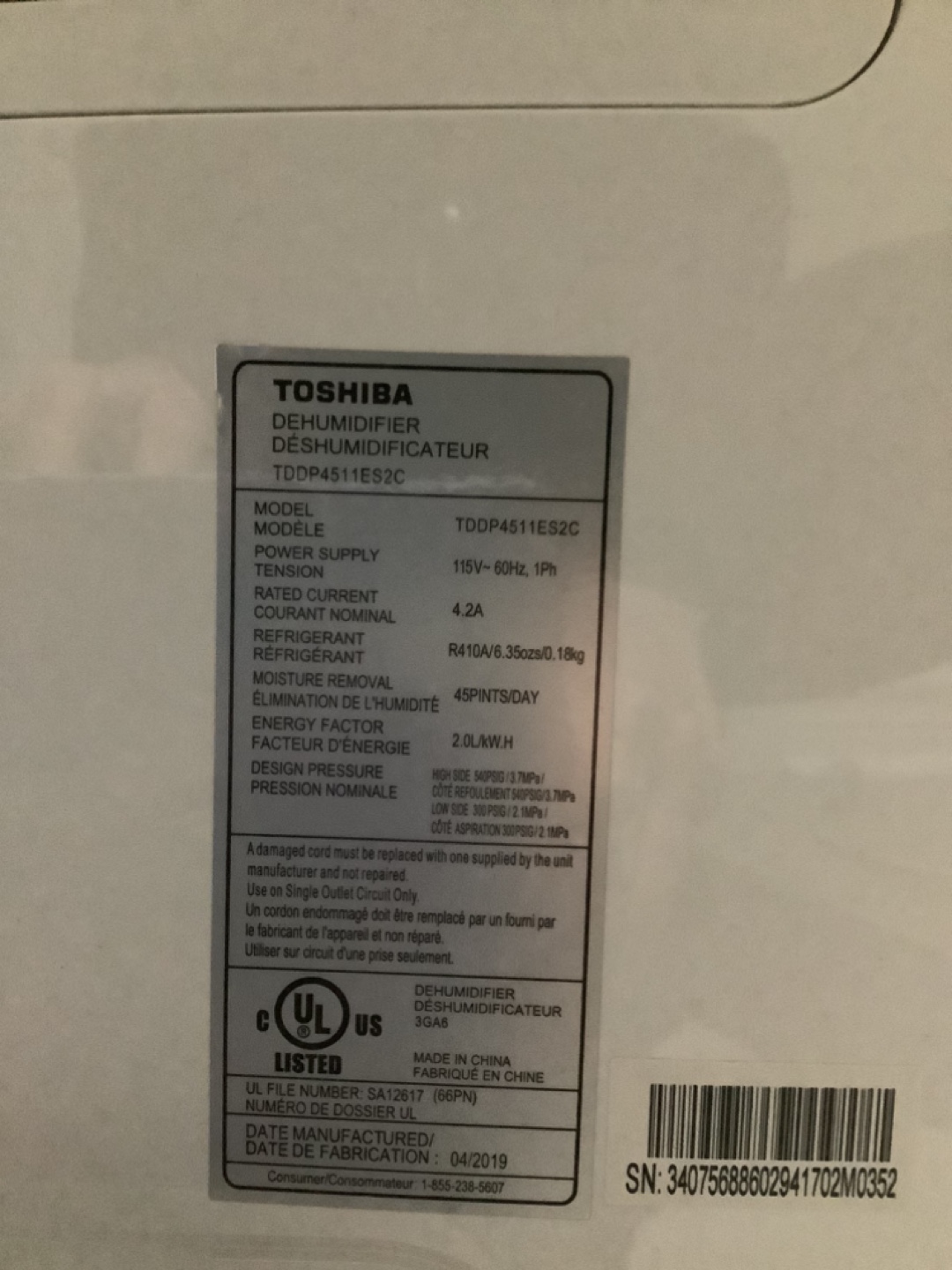 Toshiba Dehumidifier - photo 3