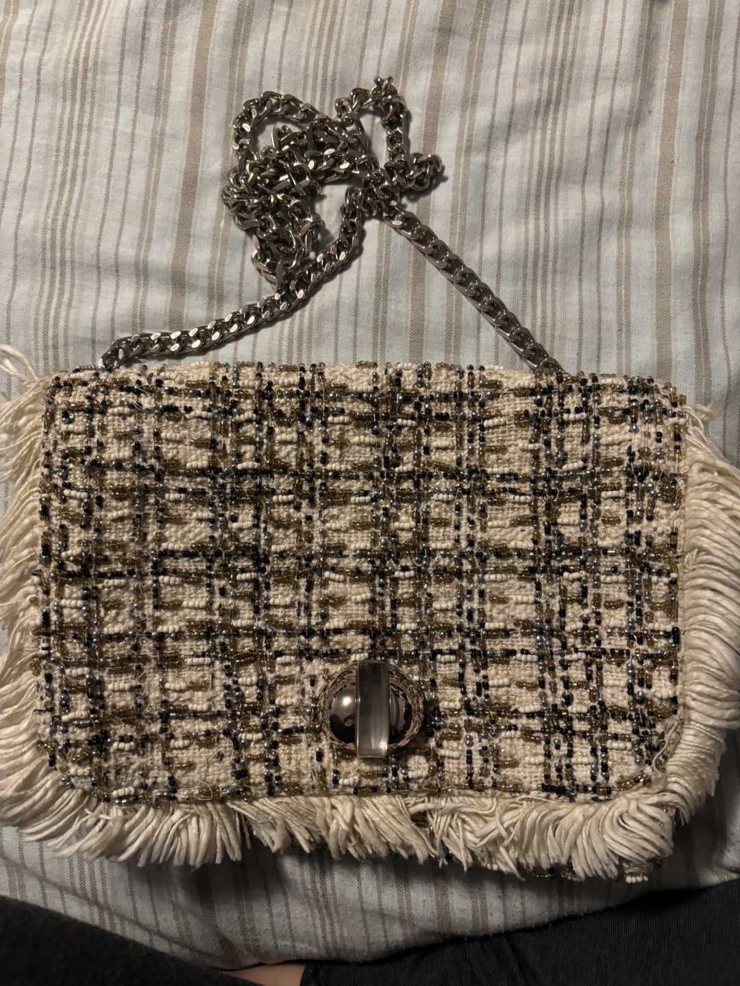Beaded Tweed Crossbody Bag with Fringe