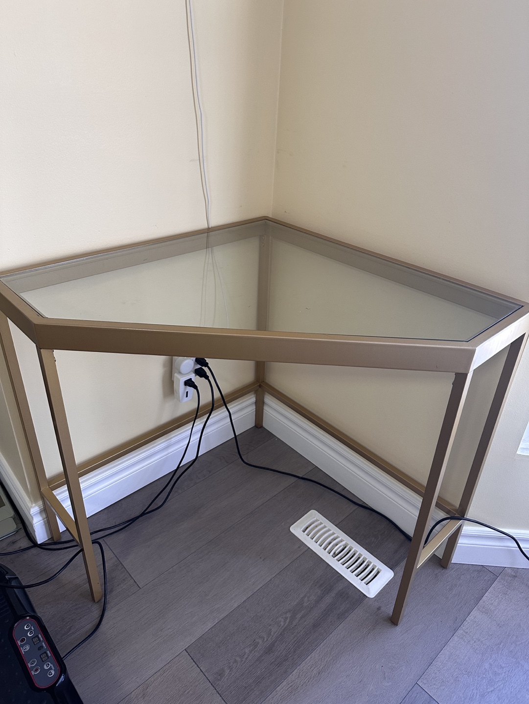 Gold Metal and Glass Corner Desk with Brown Leather Office Chair - photo 2