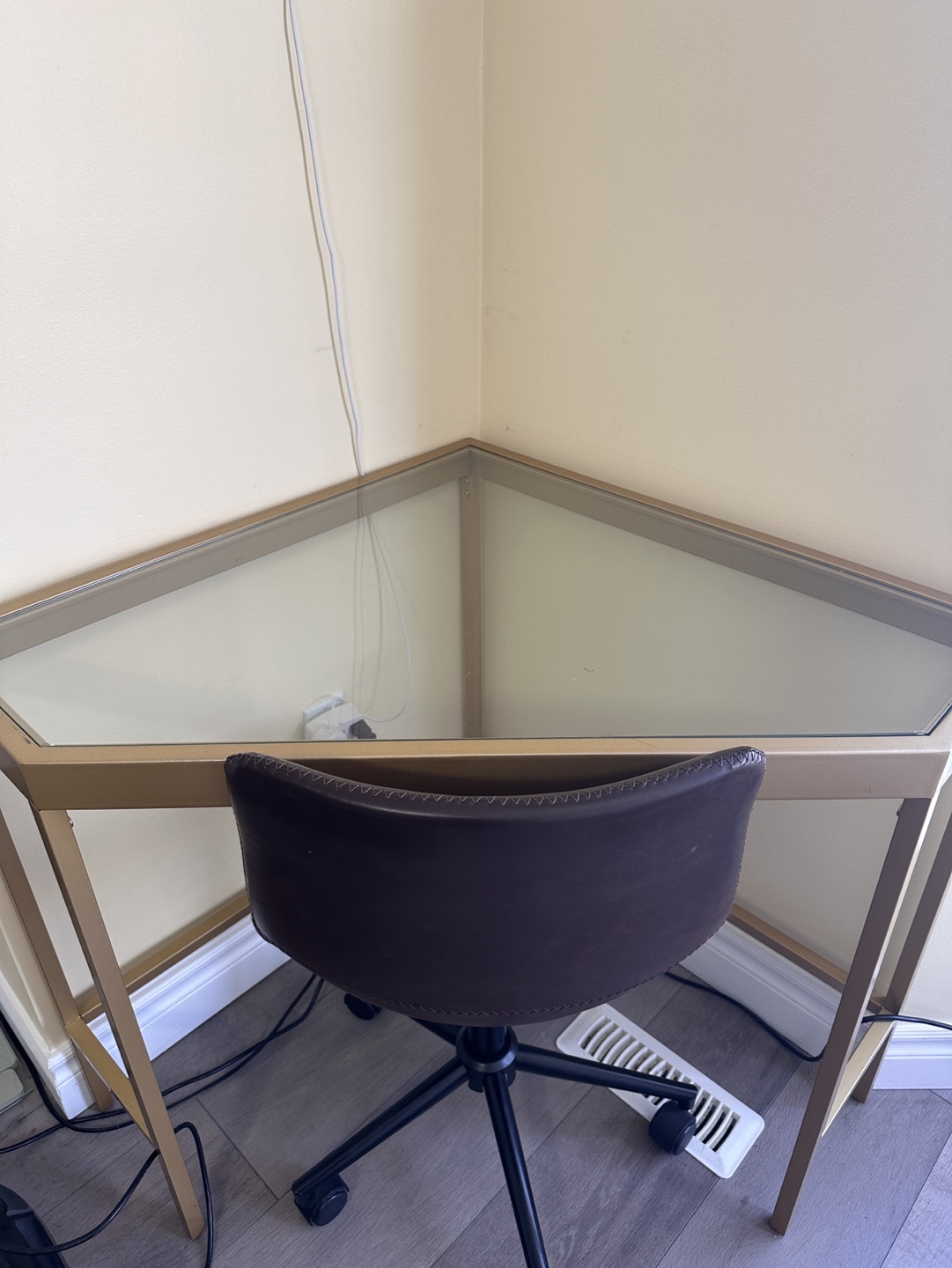 Gold Metal and Glass Corner Desk with Brown Leather Office Chair