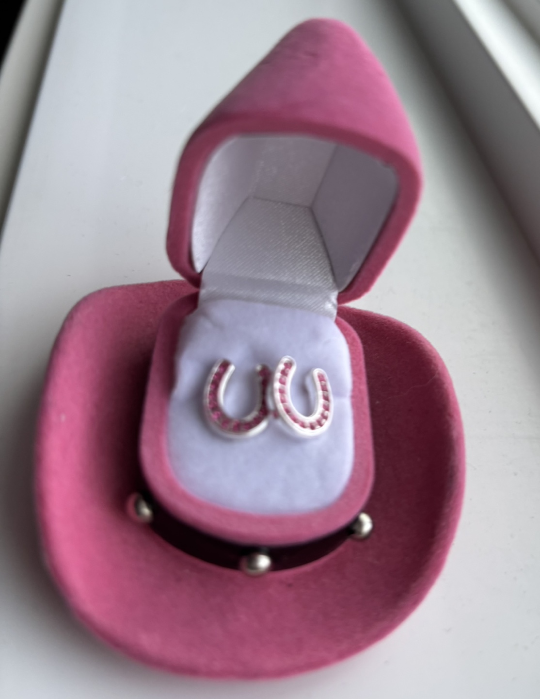 Pink Horseshoe Earrings in Cowboy Hat Box