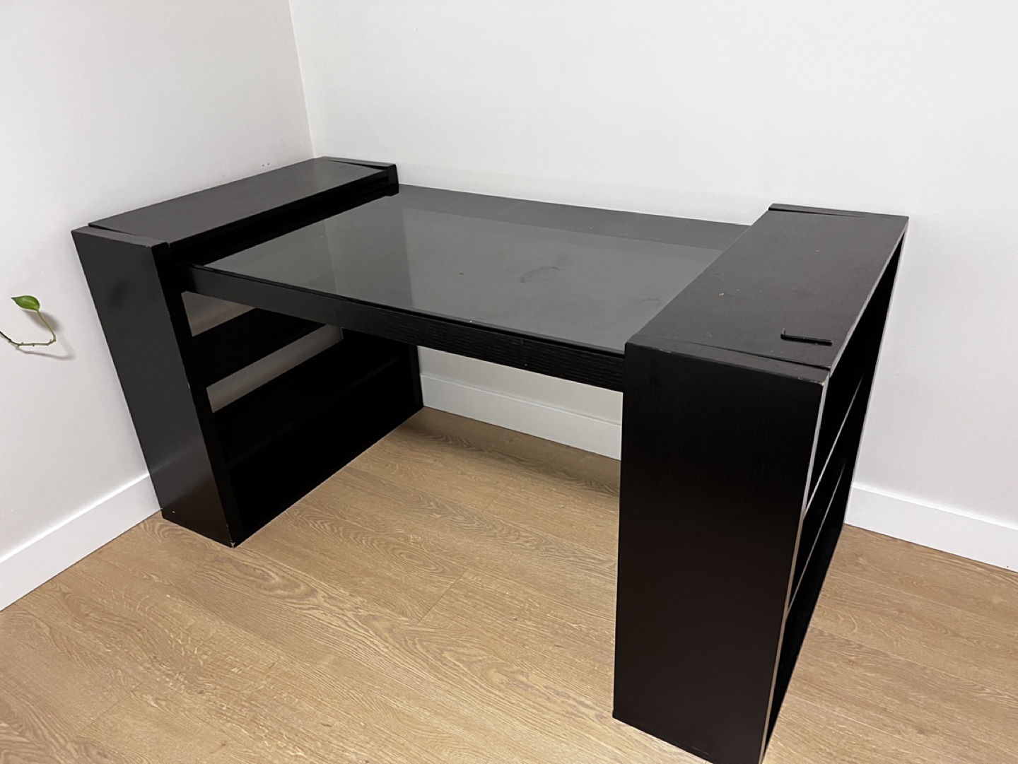 EQ3 Black Glass Top Computer Desk with Shelves