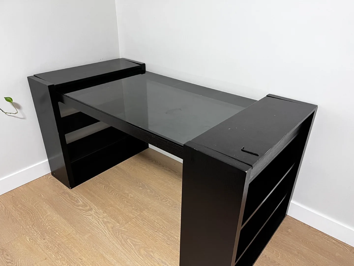 EQ3 Black Glass Top Computer Desk with Shelves image indicator(2)