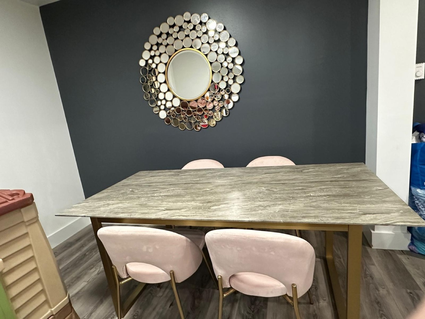 Ultra Modern Faux Marble dining table + velvet chairs