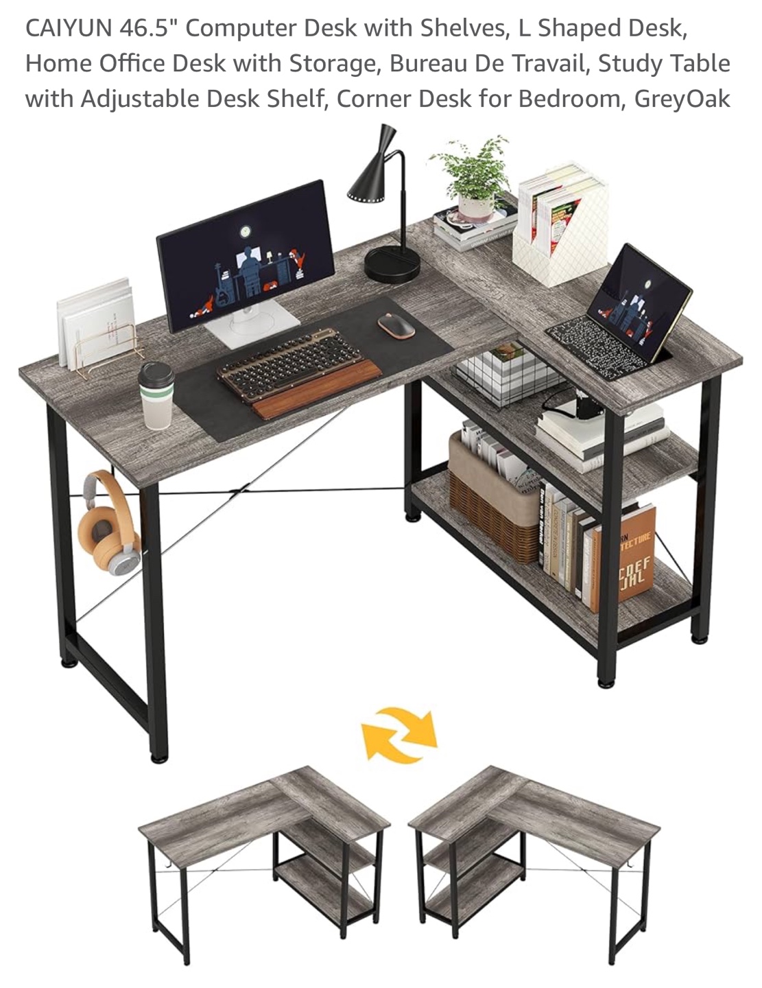 CAIYUN L-Shaped Computer Desk with Shelves - Grey Oak