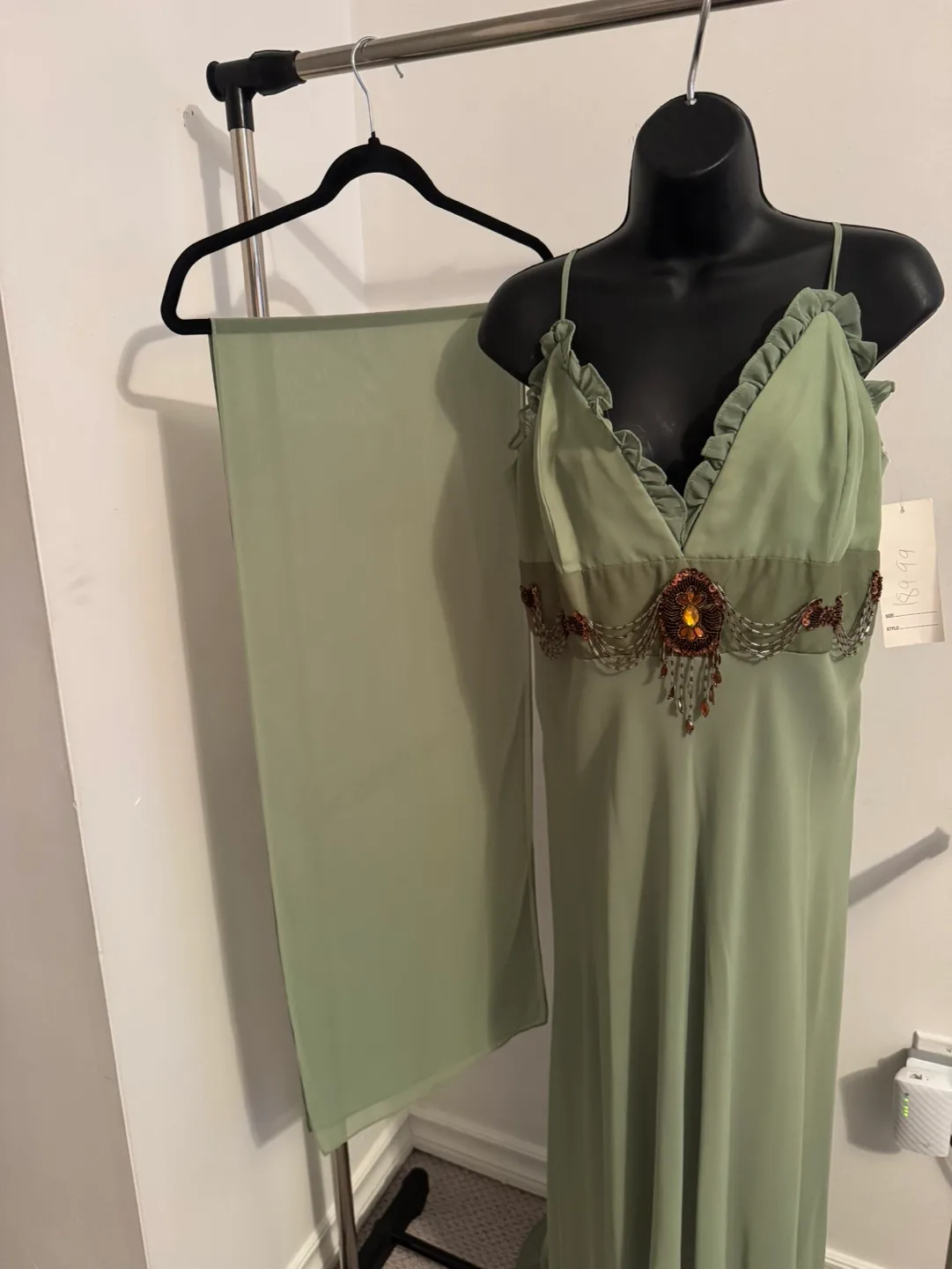 Elegant Sage Green Formal Gown with Matching Shawl image indicator(3)