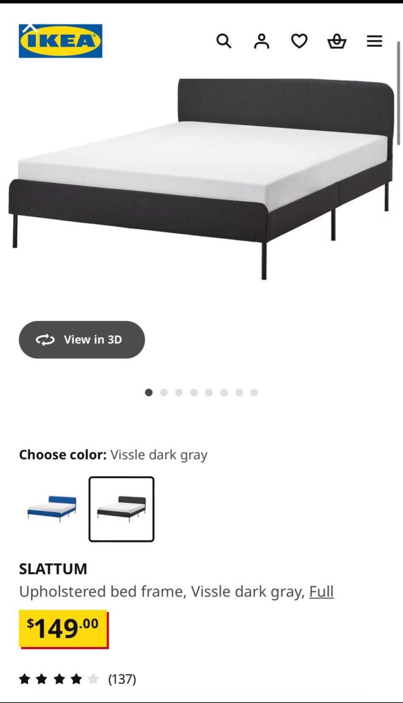 IKEA SLATTUM Upholstered Bed Frame - Full, Gray