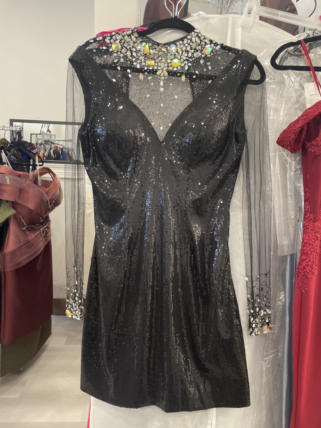 Stunning Black Sequin Mini Dress with Crystal Detail