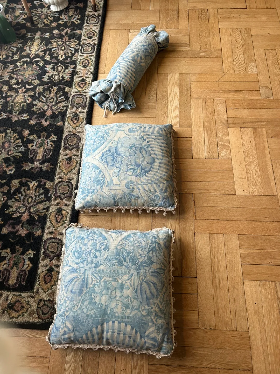 Set of Blue and Beige Throw Pillows and Bolster image indicator(2)