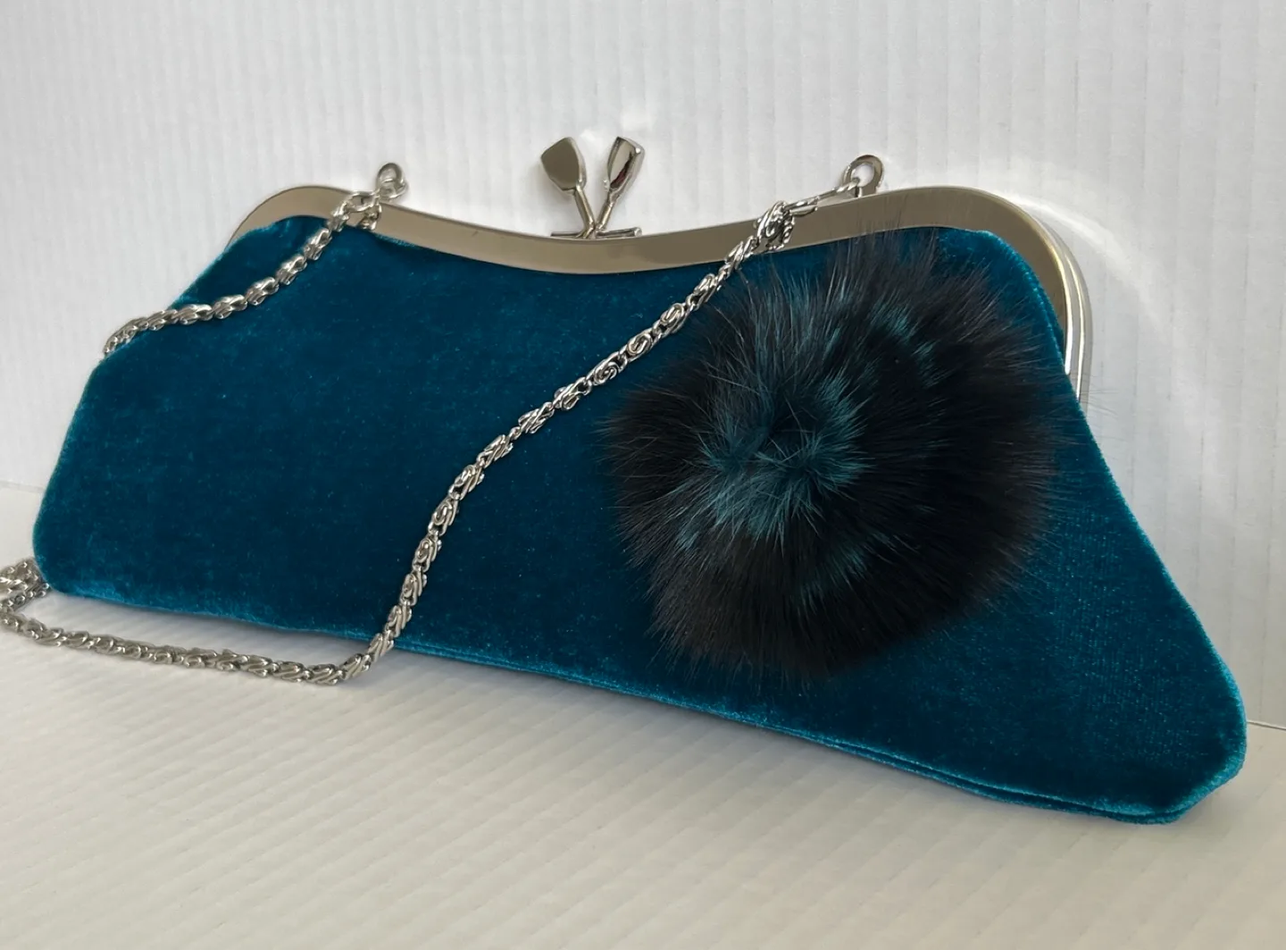 Teal Velvet Clutch with Faux Fur Pom-Pom image indicator(2)