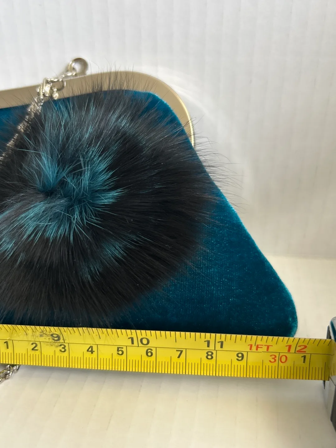 Teal Velvet Clutch with Faux Fur Pom-Pom image indicator(5)