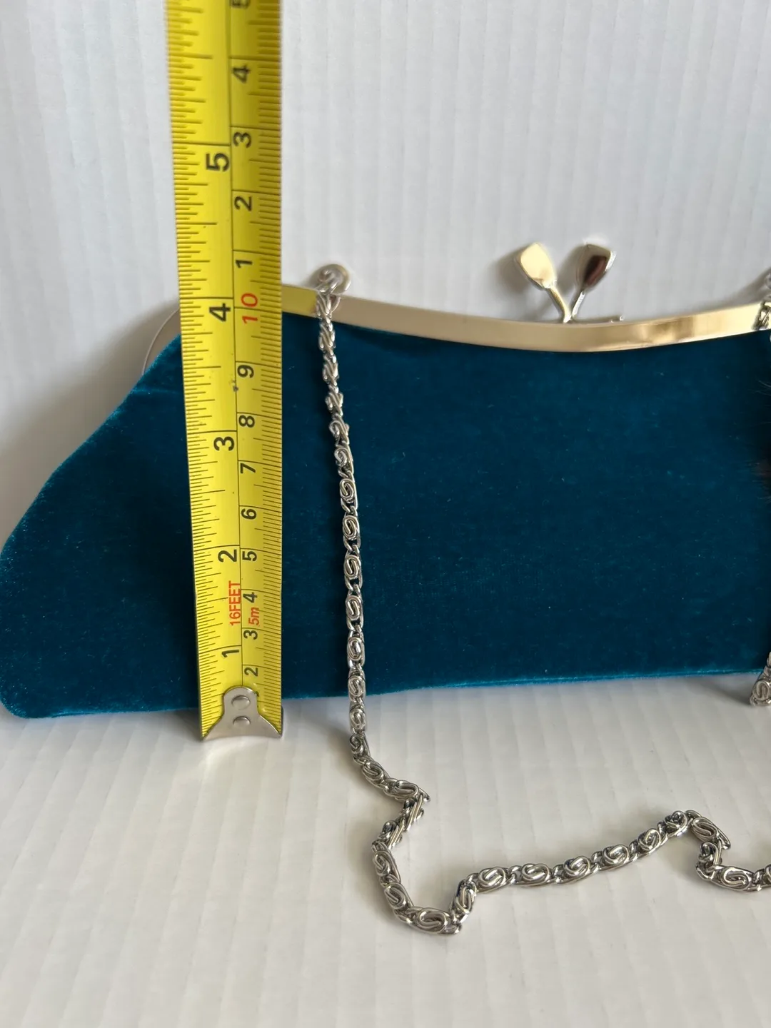 Teal Velvet Clutch with Faux Fur Pom-Pom image indicator(6)