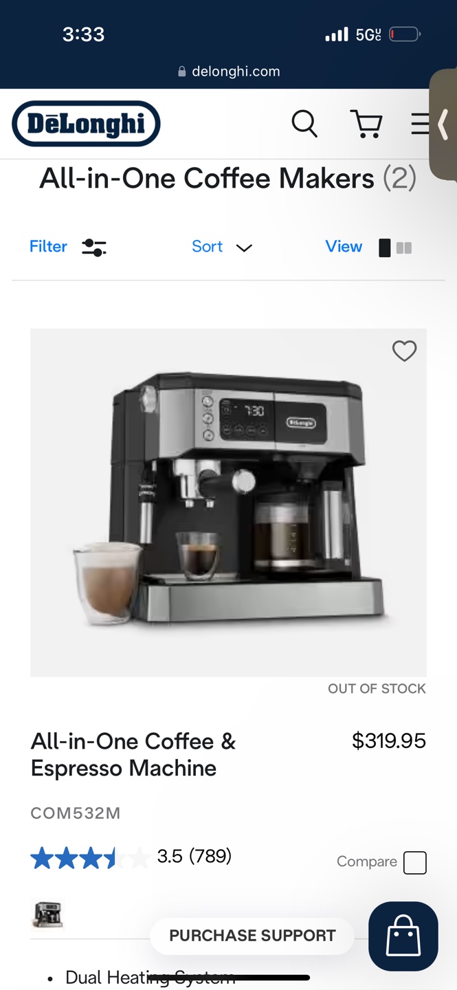DeLonghi All-in-One Coffee & Espresso Machine COM532M