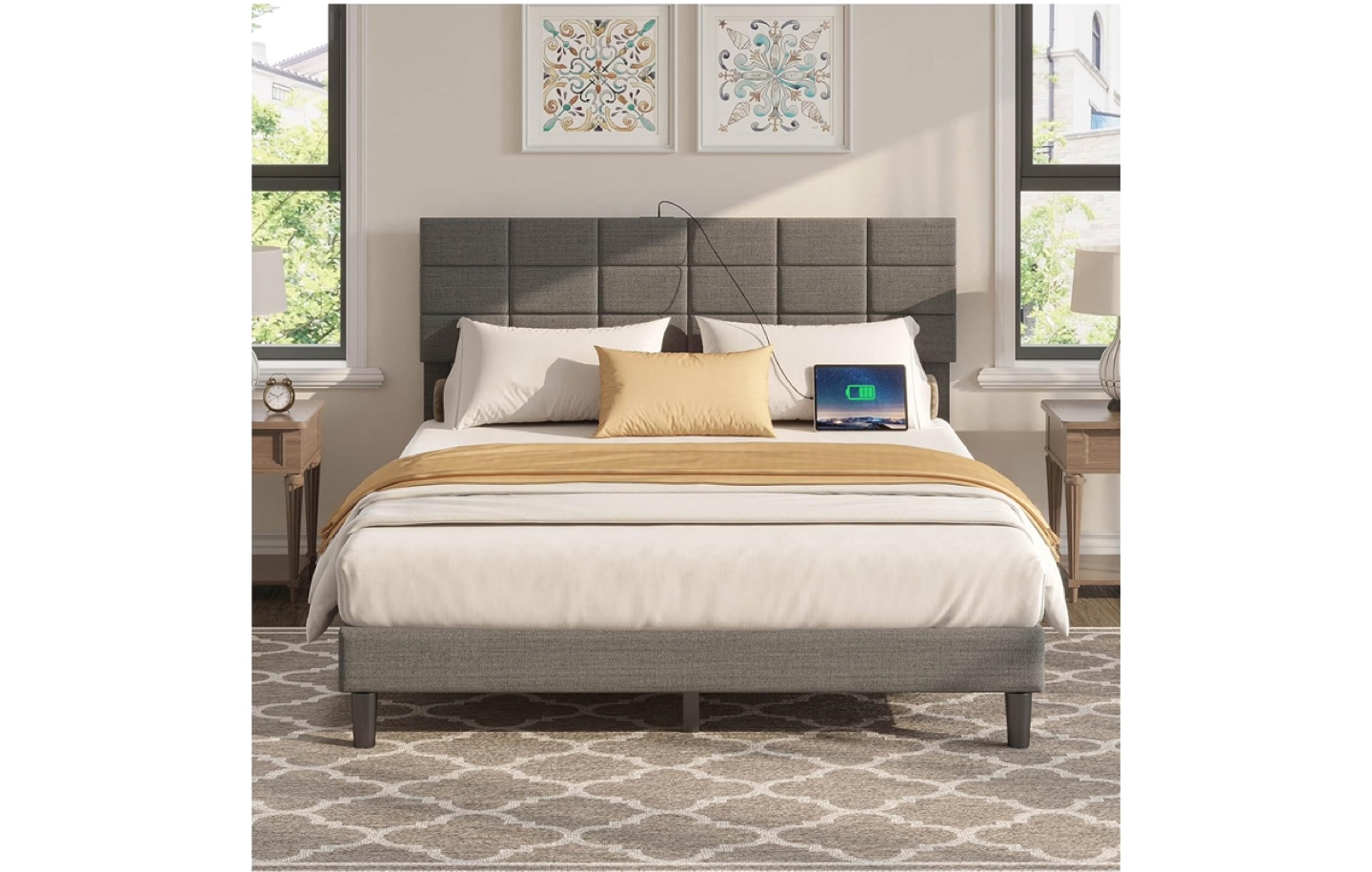 Grey Fabric Upholstered Platform Bed Frame with USB Charging
