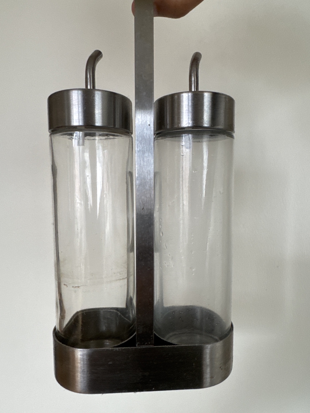 Double Glass Oil and Vinegar Cruet Set with Metal Stand