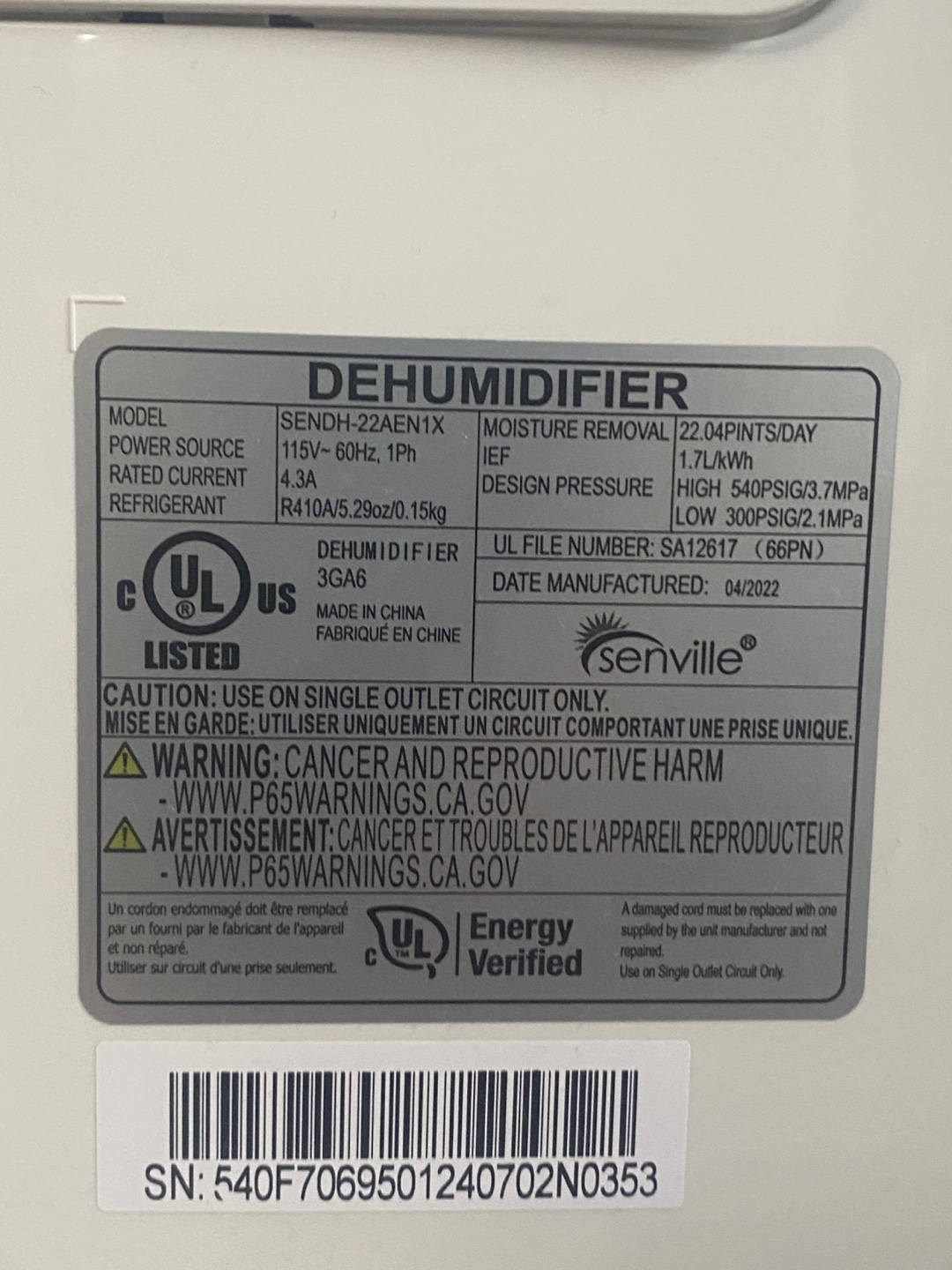 Senville Dehumidifier - 22 pints/day - photo 5