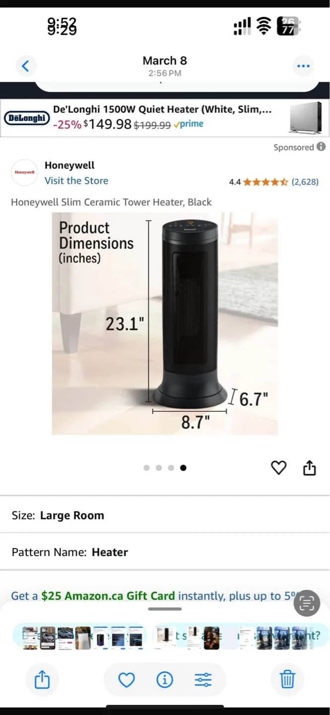Honeywell Slim Ceramic Tower Heater - Black thumbnail