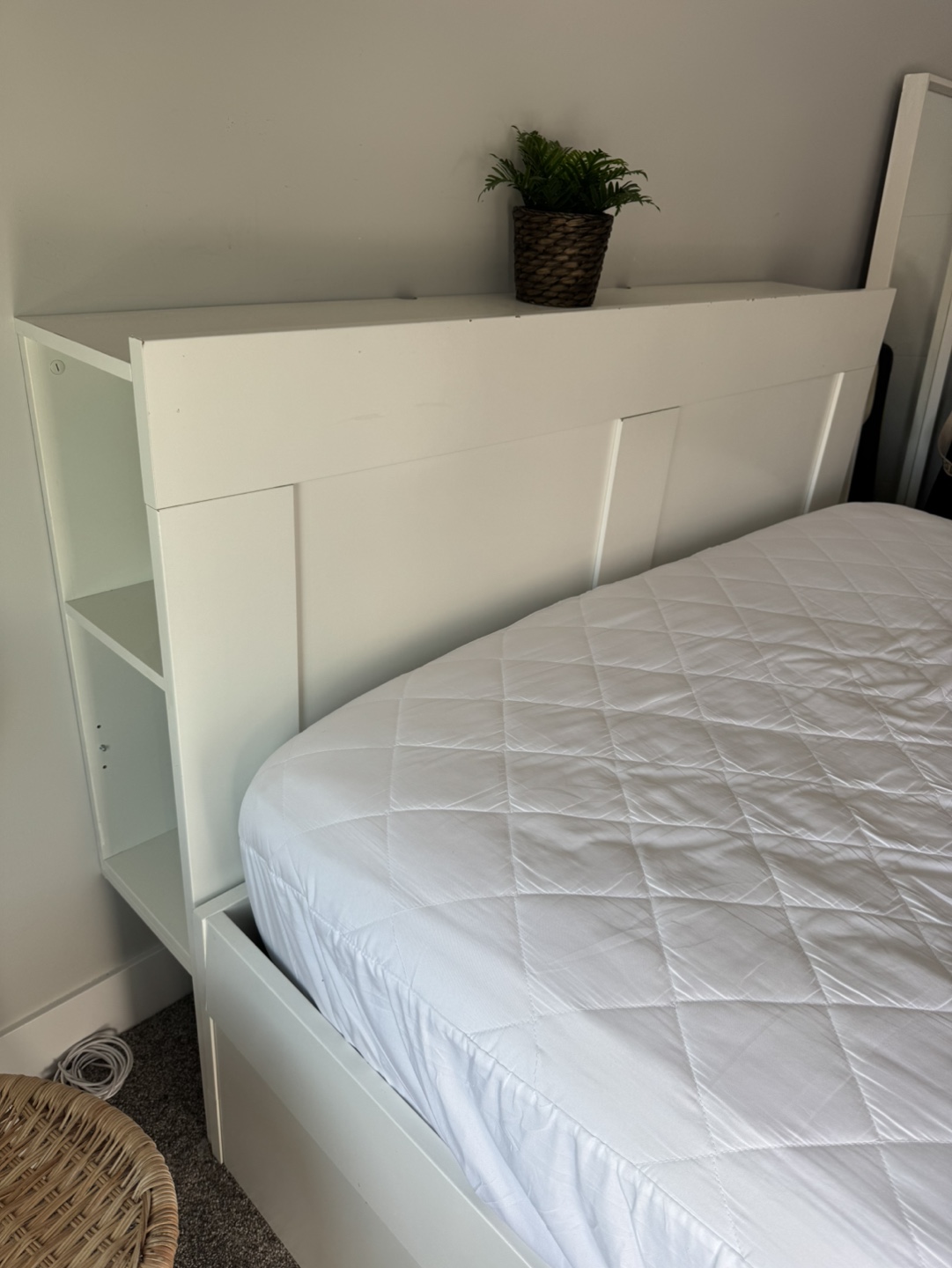 White Queen Bed Frame with Headboard and Storage