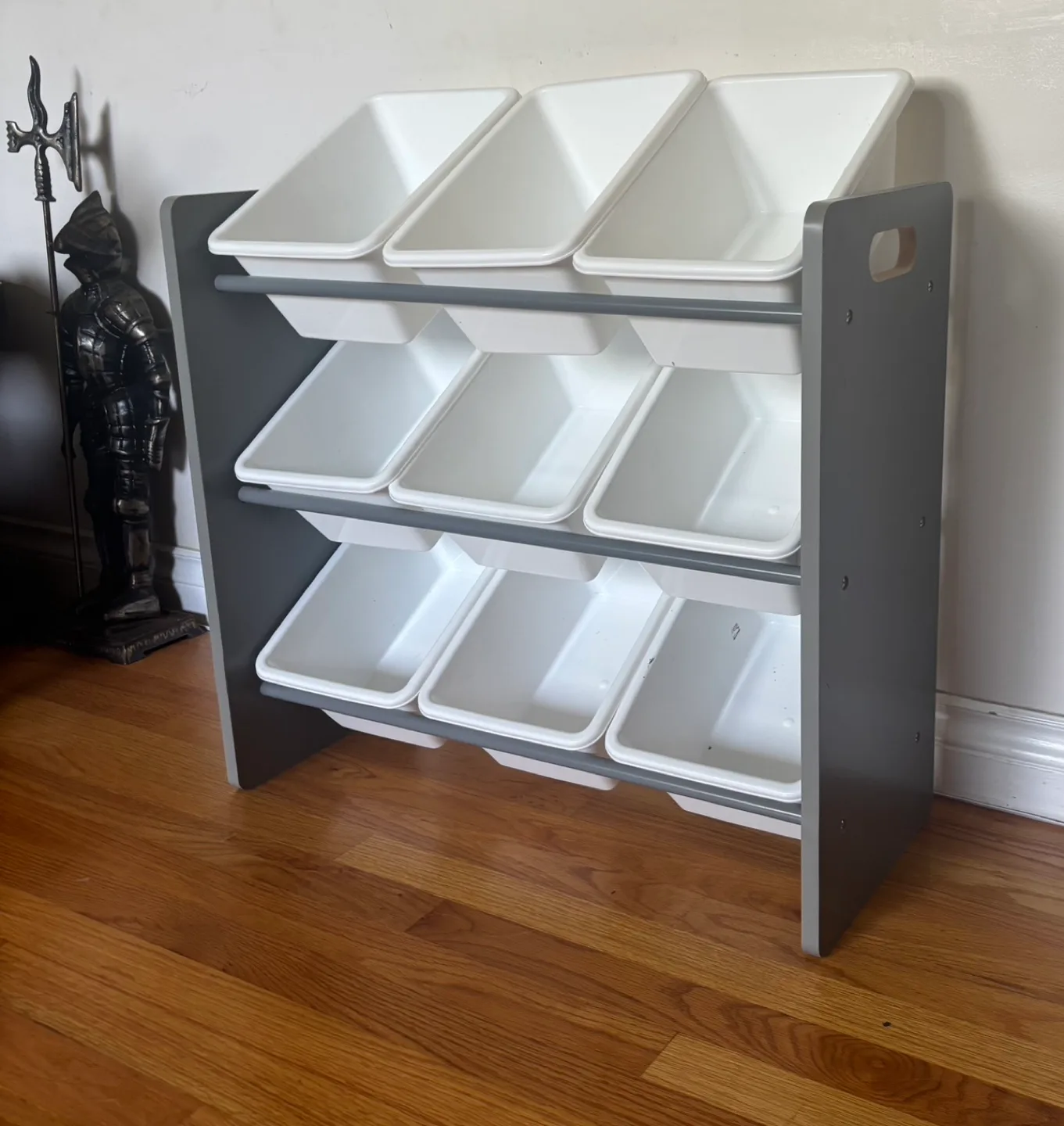 Grey Toy Organizer with Nine White Bins image indicator(2)