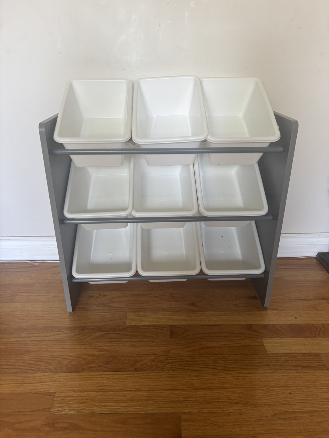 Grey Toy Organizer with Nine White Bins