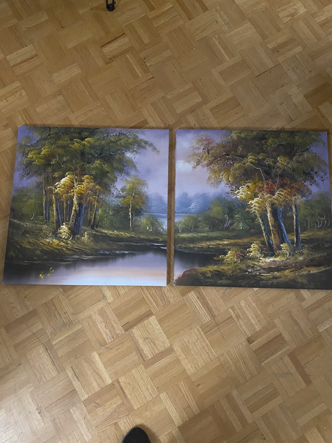 Pair of Landscape Paintings - Autumnal Trees by Lake