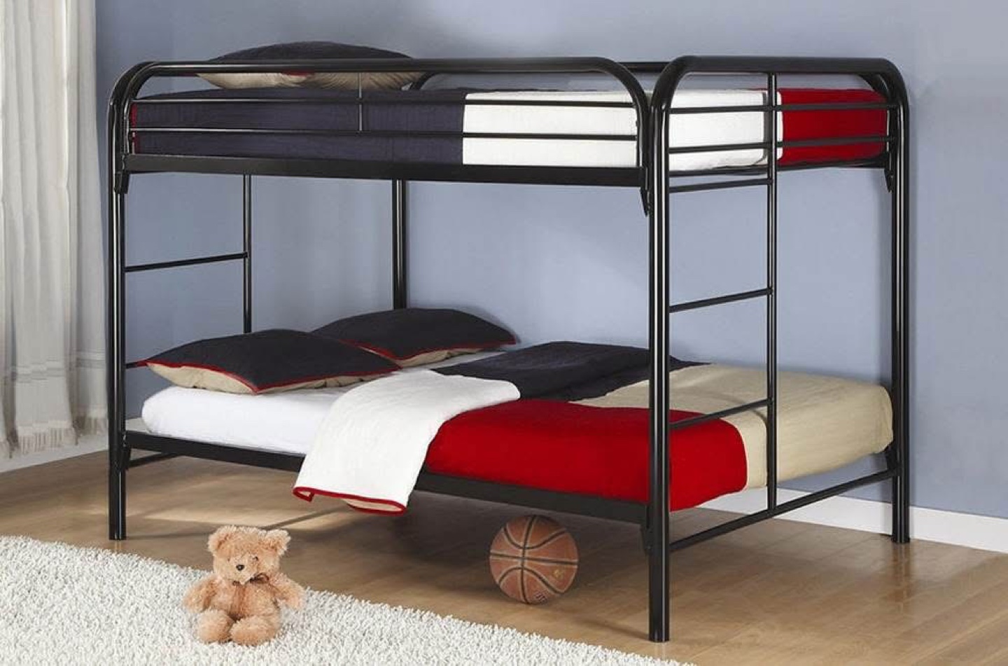 Black Metal Twin-over-Twin Bunk Bed with mattress