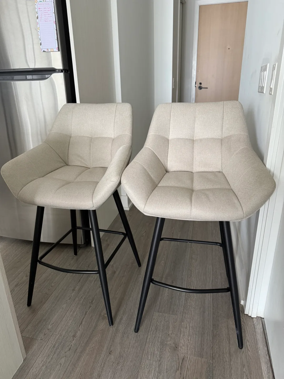 Pair of Beige Fabric Bar Stools with Black Legs thumbnail