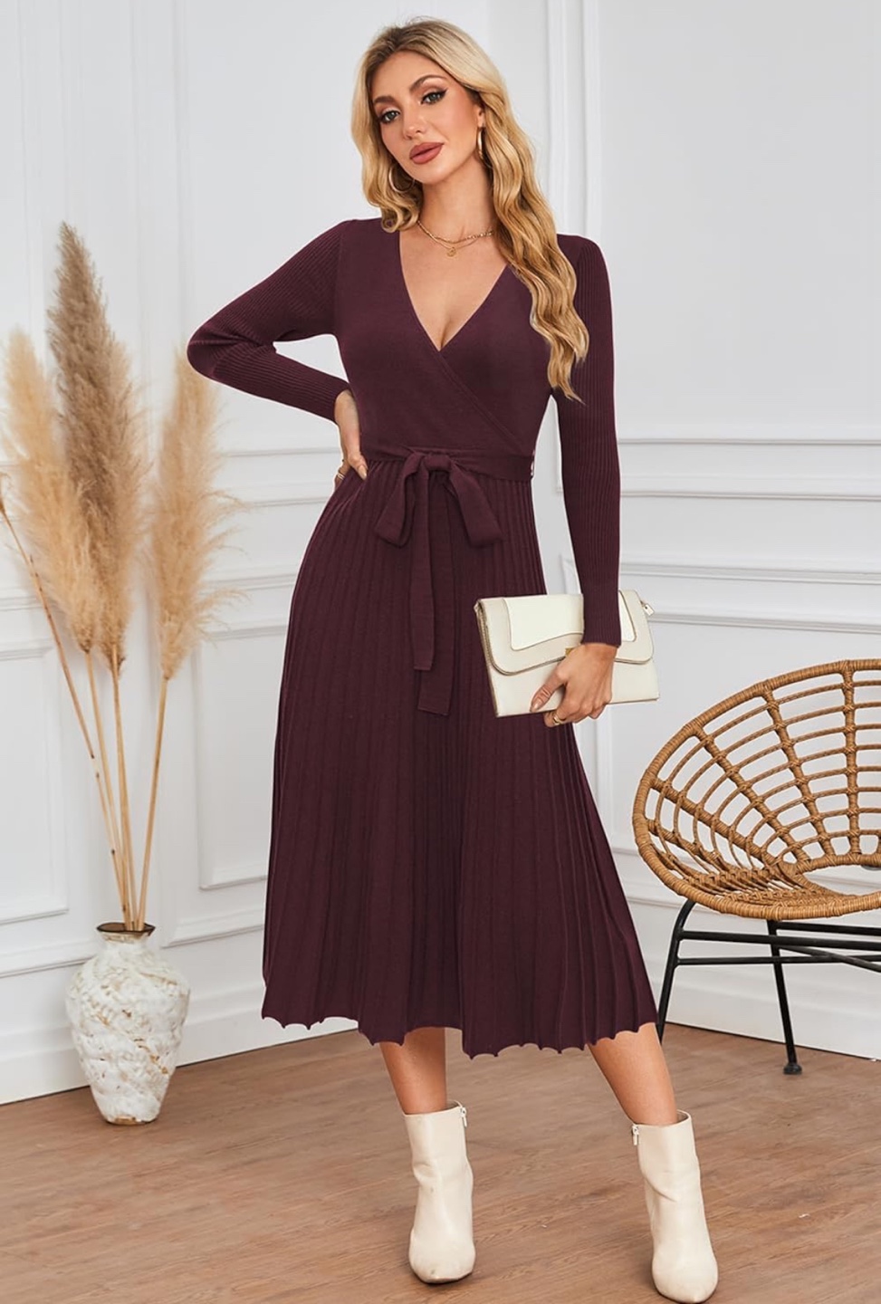 NEW! Women's Burgundy Knit Pleated Midi Sweater Dress - photo 3