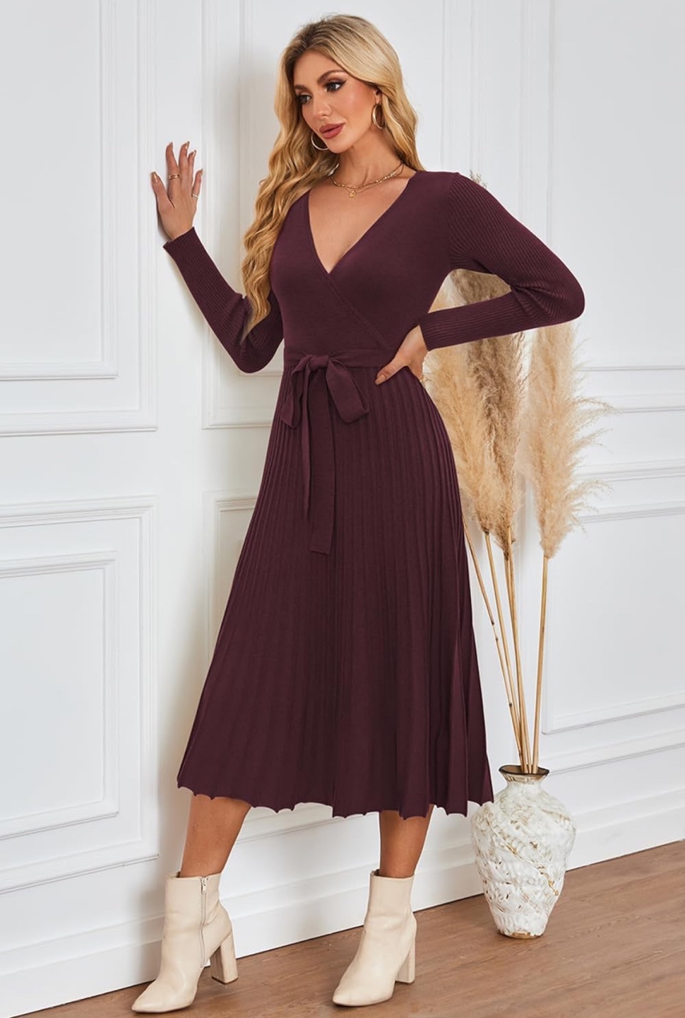 NEW! Women's Burgundy Knit Pleated Midi Sweater Dress - photo 4