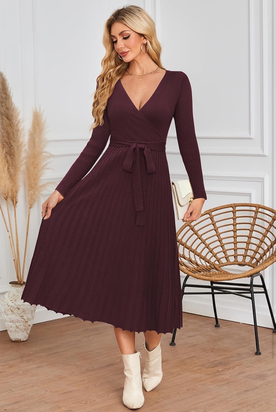 NEW! Women's Burgundy Knit Pleated Midi Sweater Dress - photo 2