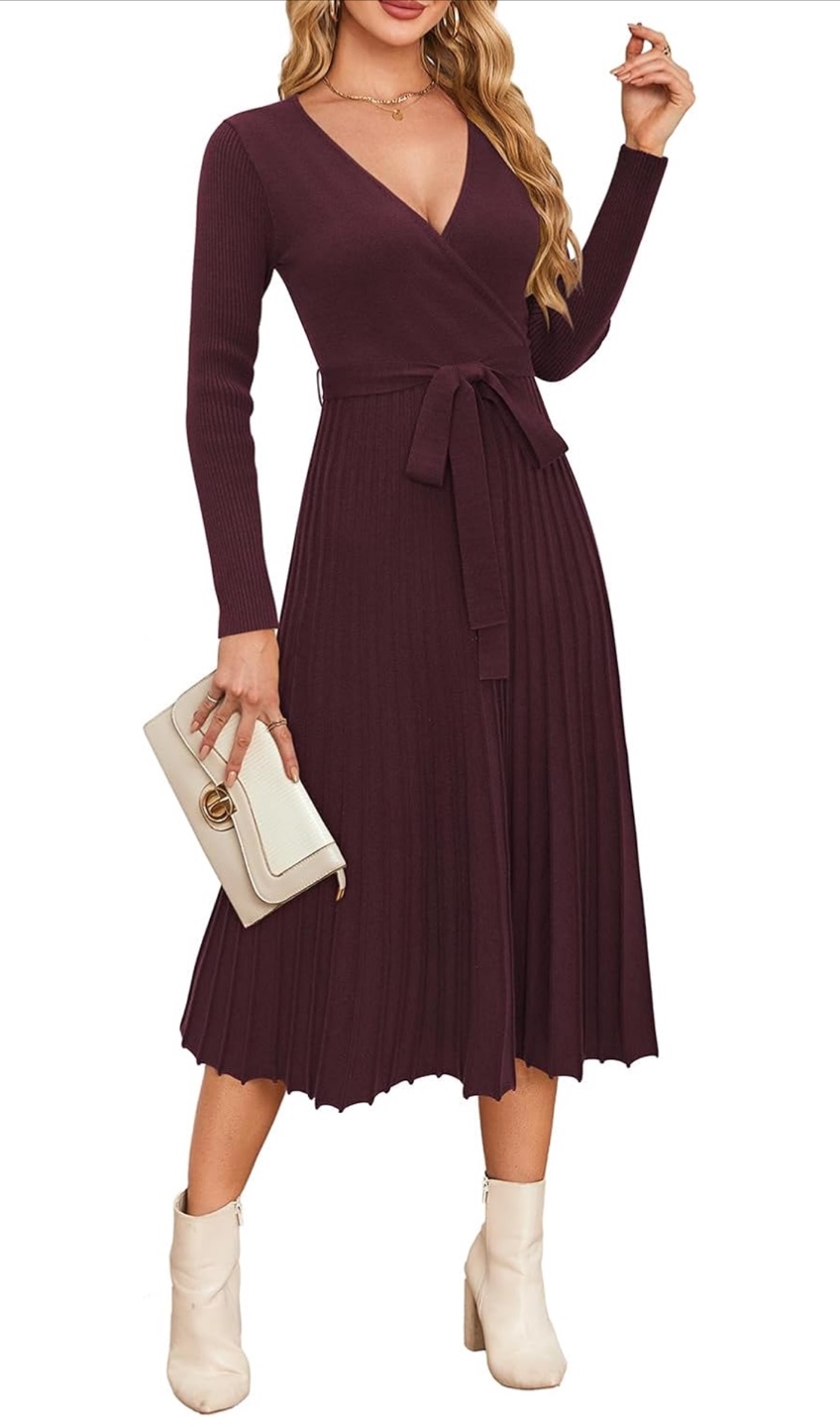 NEW! Women's Burgundy Knit Pleated Midi Sweater Dress