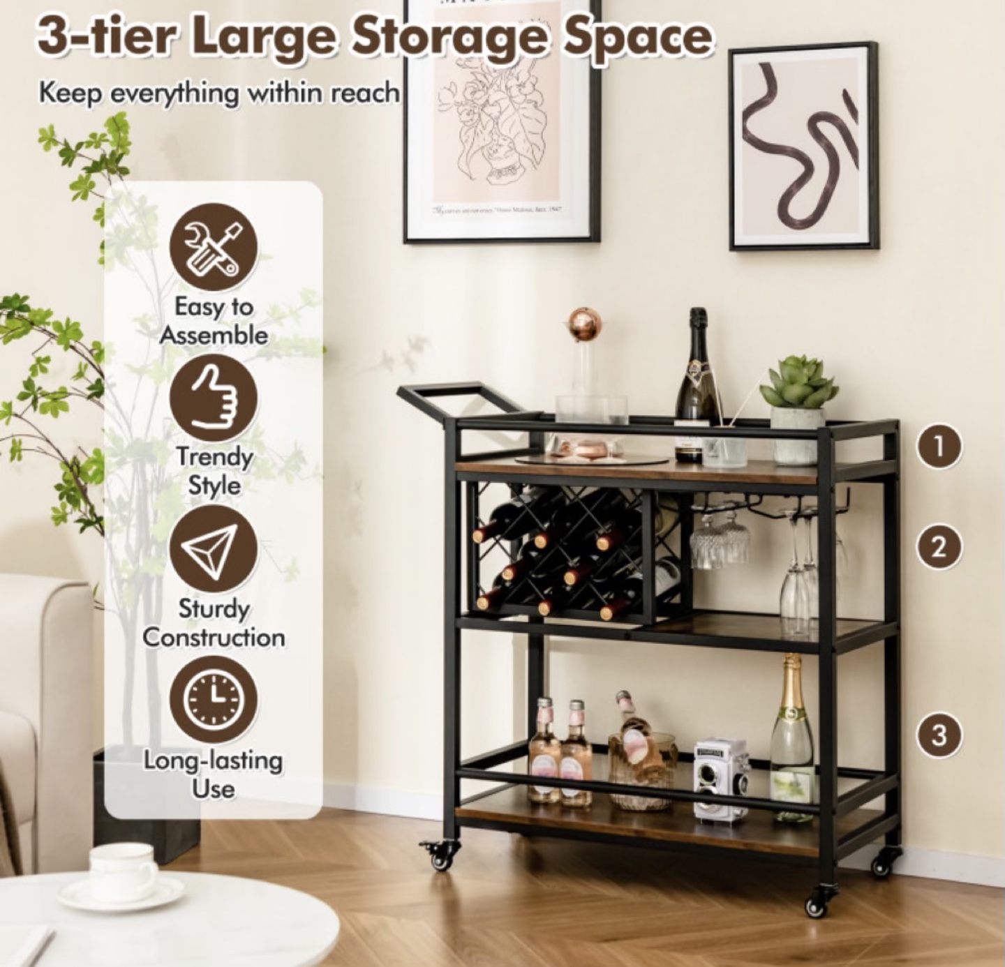 3-Tier Bar Cart with Wine Rack, Black Metal Frame,
