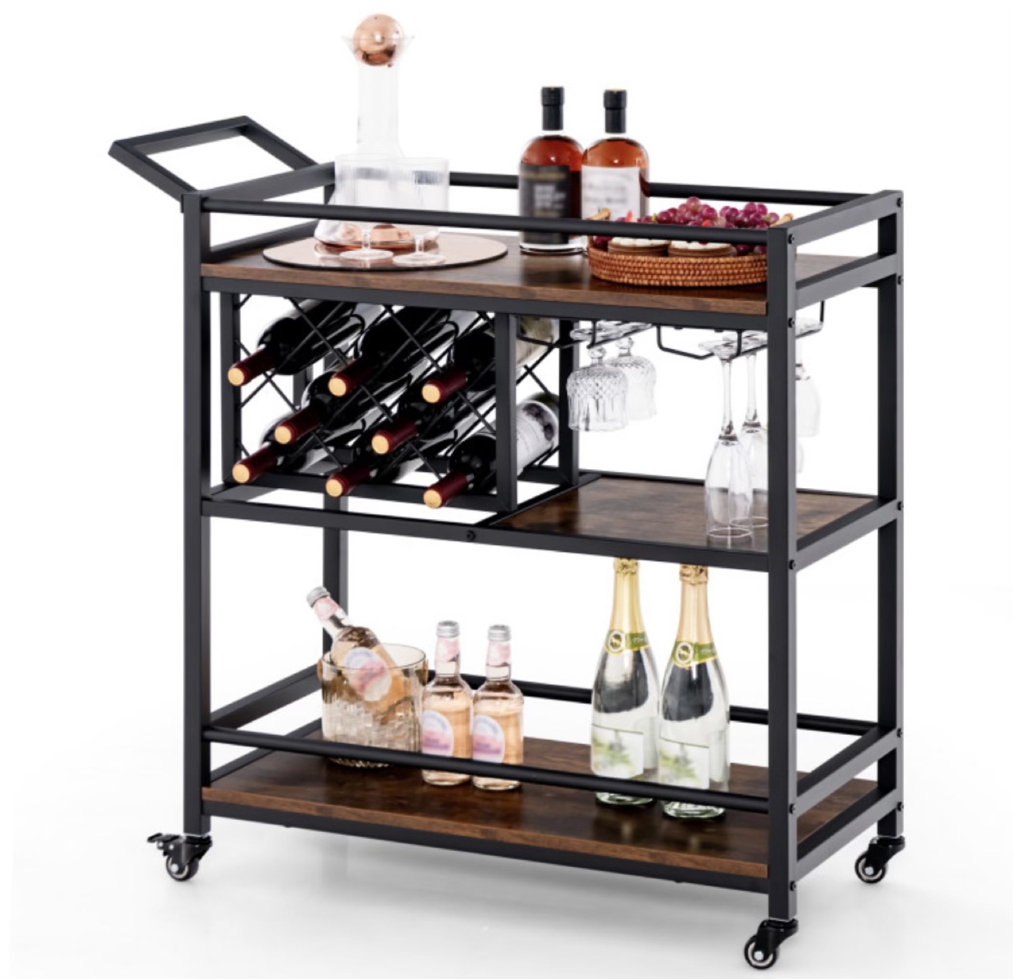 3-Tier Bar Cart with Wine Rack, Black Metal Frame, - photo 5