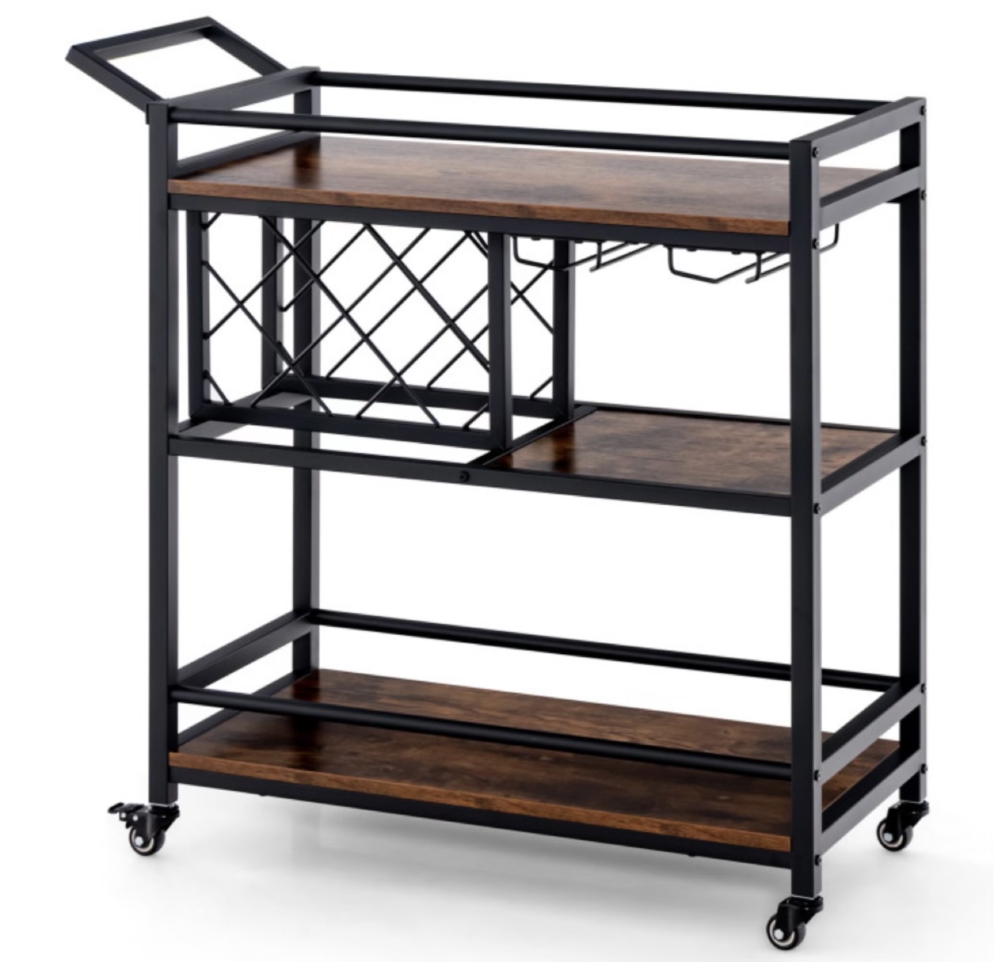 3-Tier Bar Cart with Wine Rack, Black Metal Frame, - photo 4