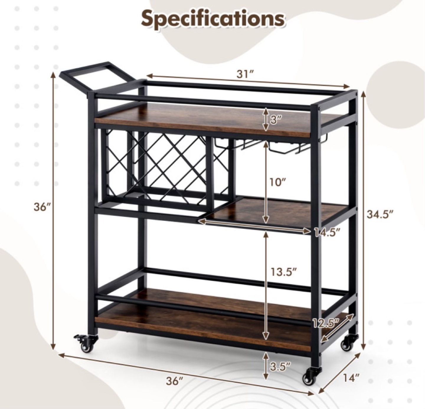 3-Tier Bar Cart with Wine Rack, Black Metal Frame, - photo 3