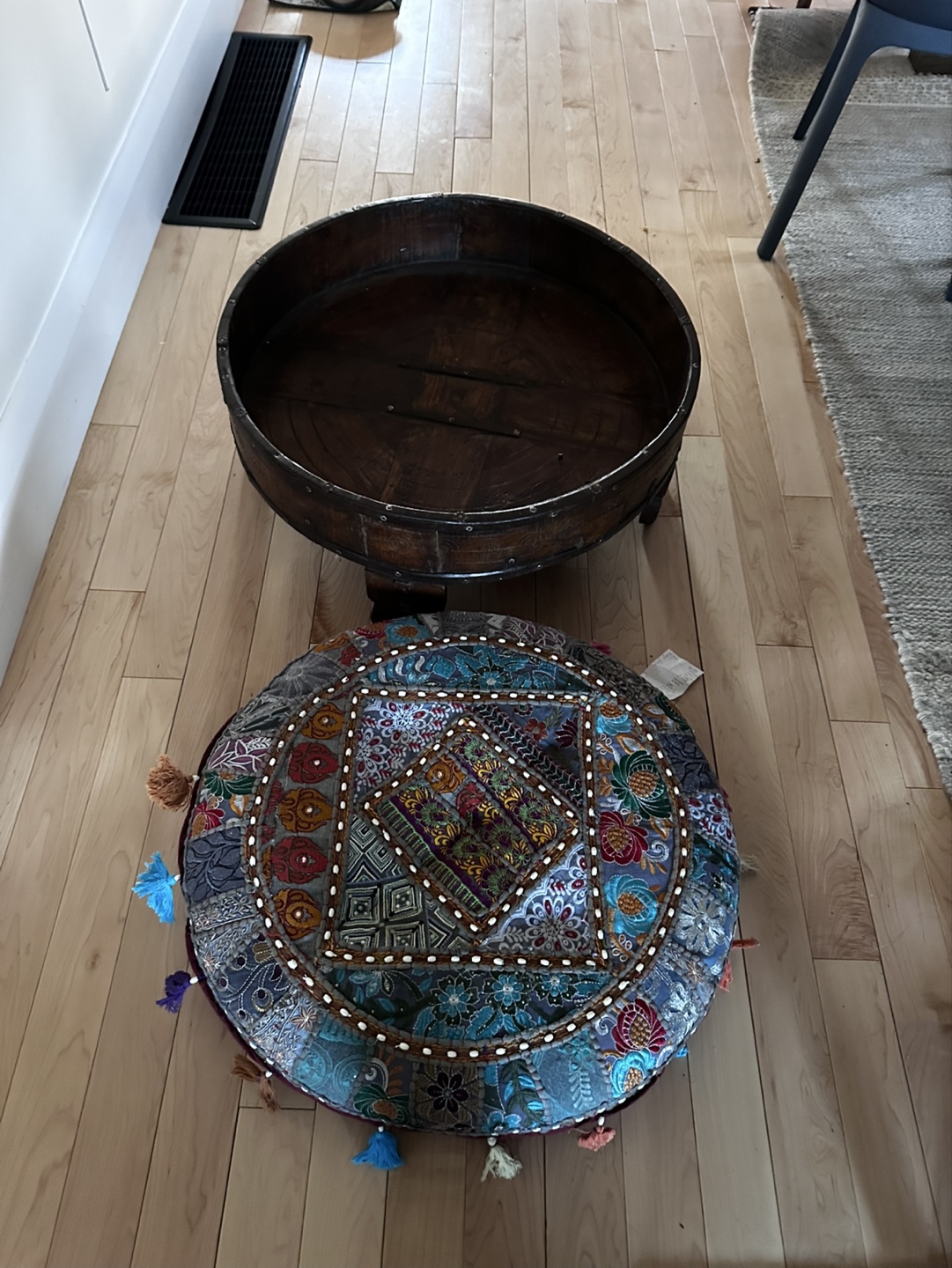 Unique Round Wooden Ottoman with Patchwork Cushion - photo 2